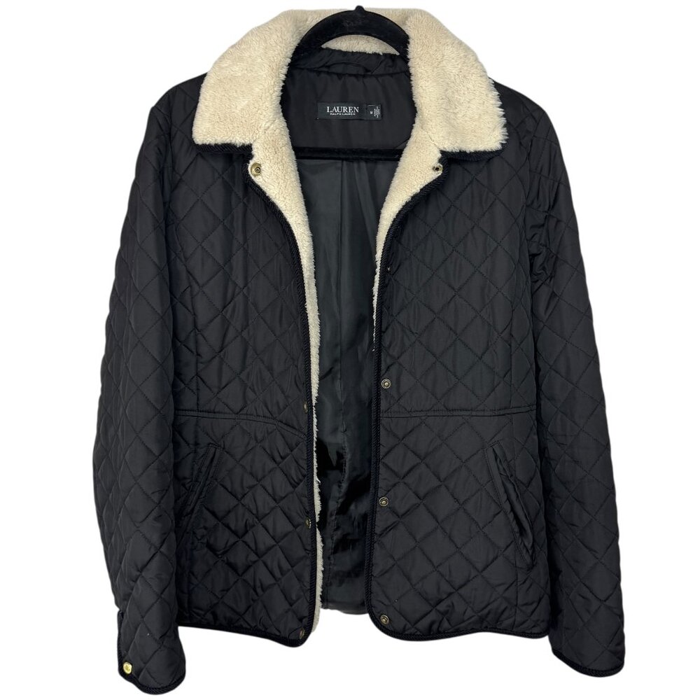 Ralph Lauren Black Label Black quilted coat with fur trim snap buttons Medium